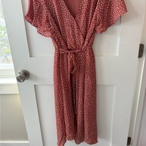 Rose colored with white polka dots v-neck high low dress